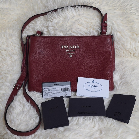 Prada Double Zip Crossbody Vitello Phenix Rubino Red Leather Purse Bag 1BH046 - Picture 1 of 17